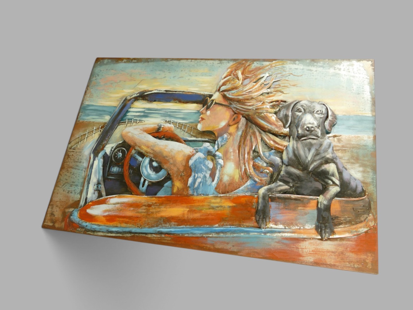 (*) Metallbild (3D) Auto Frau Hund Eisen L.120cm