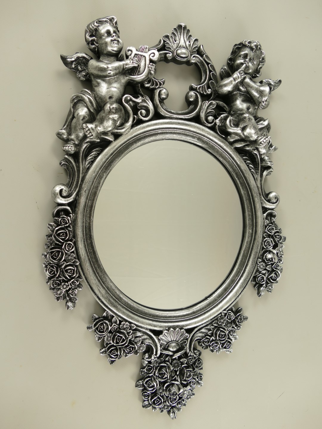 Wandspiegel Engel Polystein Silber H.50cm Wandspiegel Engel Polystein Silber H.50cm