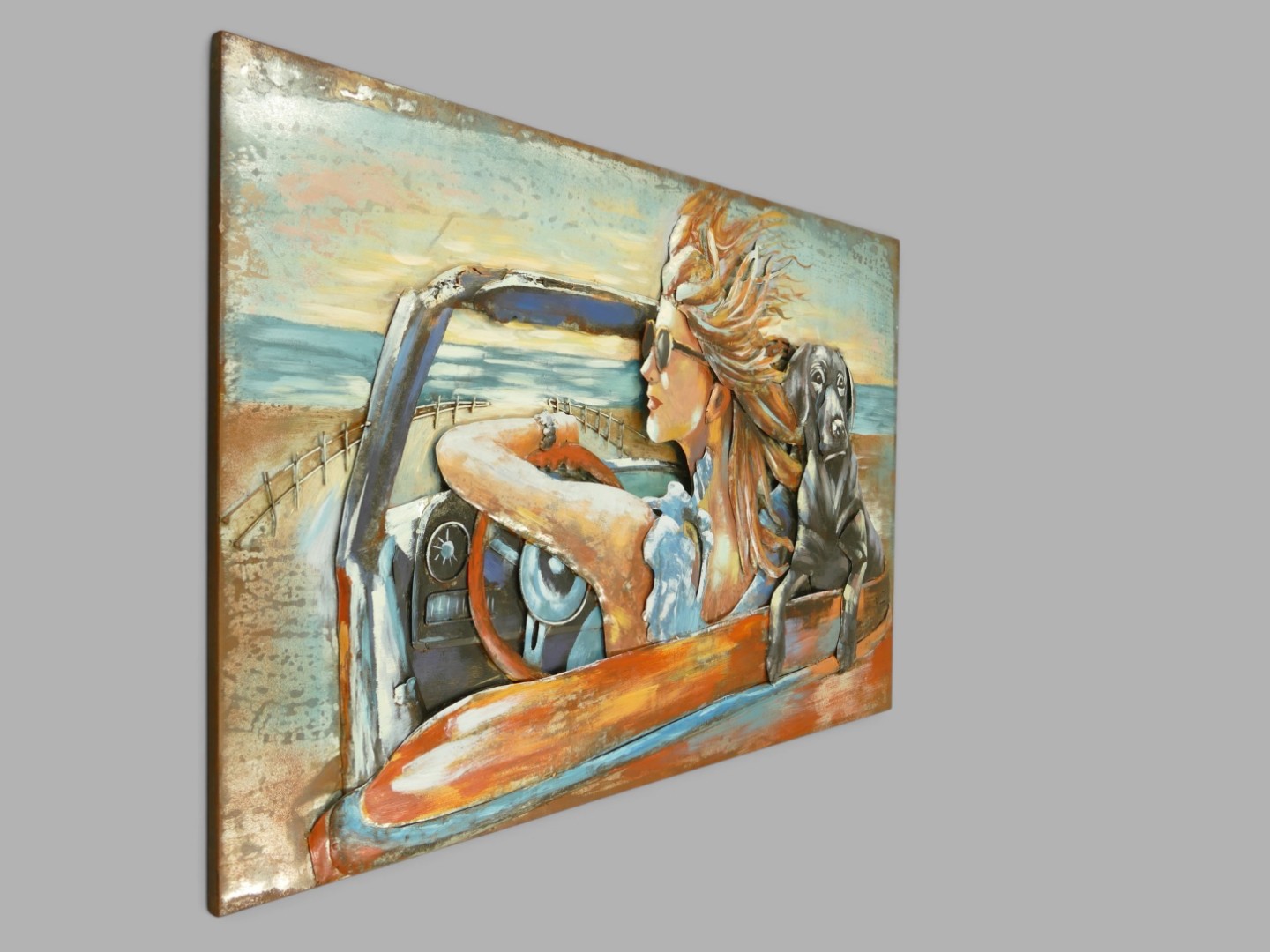 (*) Metallbild (3D) Auto Frau Hund Eisen L.120cm