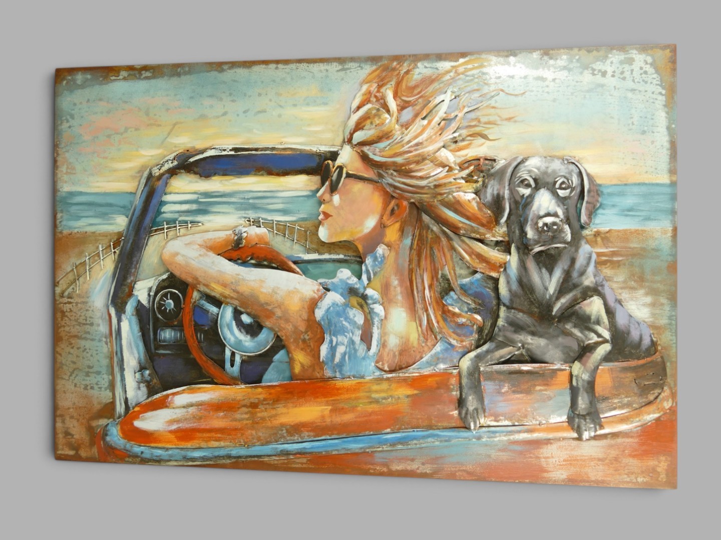 (*) Metallbild (3D) Auto Frau Hund Eisen L.120cm