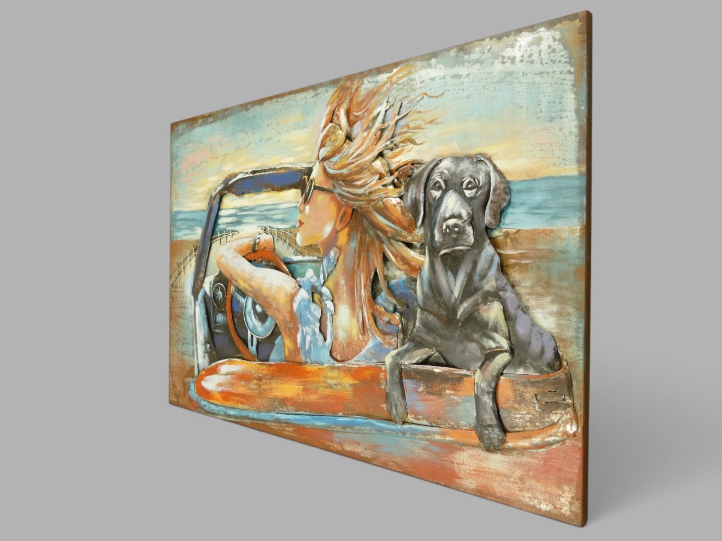 (*) Metallbild (3D) Auto Frau Hund Eisen L.120cm