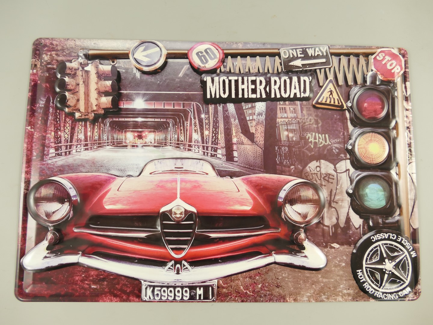 321V03a Wandschild(Gestanz) Eisen Auto Mother Road L.60cm